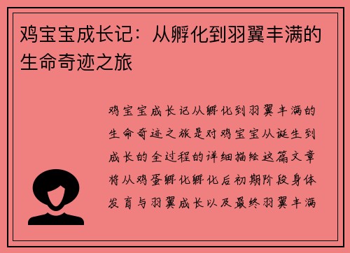 鸡宝宝成长记：从孵化到羽翼丰满的生命奇迹之旅
