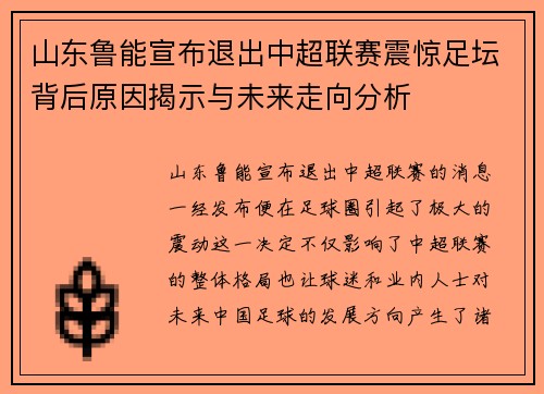 山东鲁能宣布退出中超联赛震惊足坛背后原因揭示与未来走向分析